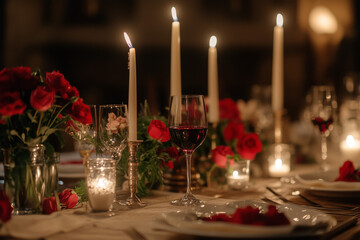 A romantic Valentine's Day celebration at a ch&acirc;teau in France, with elegant dinner and candlelit ambiance. Ideal for luxury and romance-themed images.