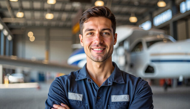 Aviation mechanic smiling confidently in airplane hangar, dedication