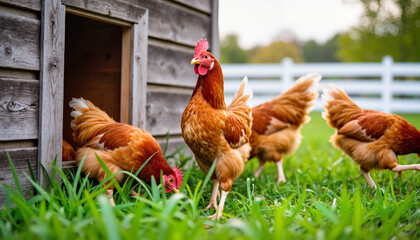 Fototapeta premium Red chickens pecking around a wooden coop, vibrant farm life