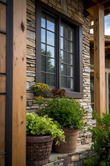 Rustic Exterior Home Design: Stone House with Potted Plants and Dark Frame Windows