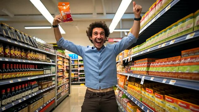 Excited shopper celebrating a purchase in a grocery aisle