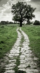 Stone Path Leading to a Majestic Tree Under a Cloudy Sky