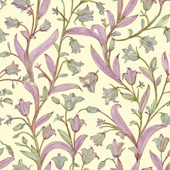 A floral wallpaper pattern featuring bluebell flowers on a white background.