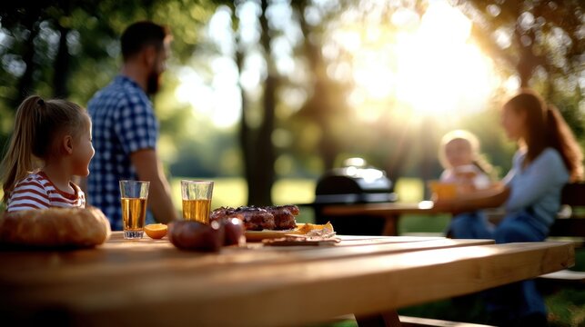 Families gather around a wooden table in a park, enjoying a meal with barbecue and drinks while sunlight filters through the trees. Children play nearby