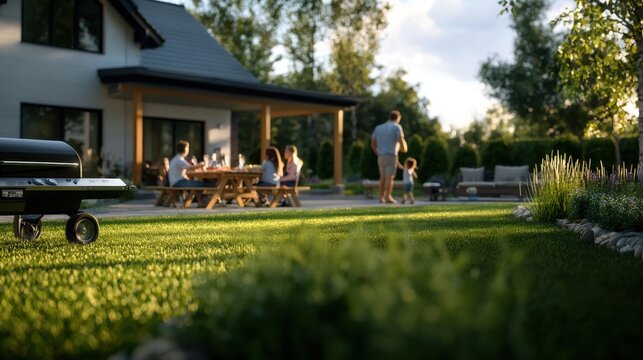 A family enjoys a sunny afternoon in their backyard, gathering around a dining table while a barbecue grill sits nearby. Children play as adults socialize in the vibrant landscape