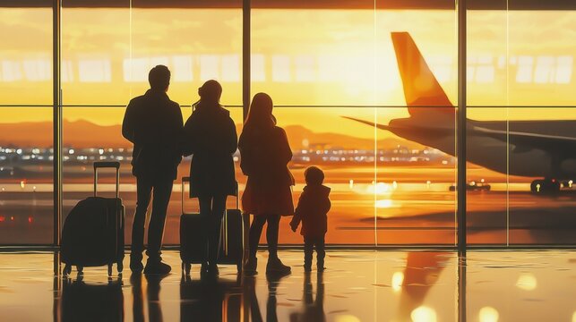 A family stands near a large window at the airport, watching a stunning sunset over the runway as they wait for their flight to begin their journey