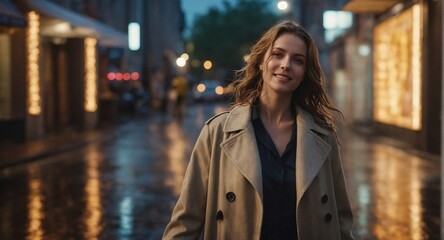 Obraz premium Confident Young Woman Walking in Rain-Soaked City at Golden Hour: Flowing Trench Coat, Neon Reflections, and Aspirational Urban Energy