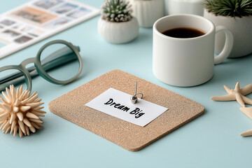 Motivational workspace with "Dream Big" note pinned to corkboard, surrounded by vibrant photos. Inspiring visuals create productive environment for achieving personal goals.