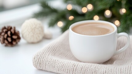 Cozy coffee, winter sweater, festive lights