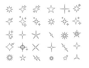 Minimalist silhouette Star icons, star shape vector set. Abstract y2k sparkles. Twinkling stars, abstract sparkle black silhouettes symbol shining burst. Vector