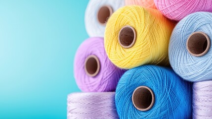 Colorful yarn spools stacked, craft supplies, pastel background, hobby