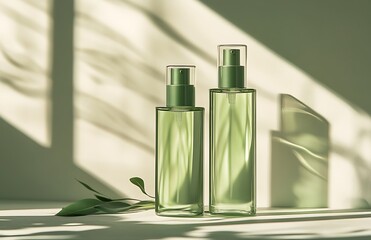 Two green glass bottles with spray tops on a white surface, illuminated by sunlight and shadows.