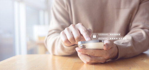 close up man hand type on smartphone device to access account on website by input username and...