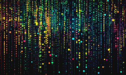 A digital art piece of glowing, pixelated dots in vertical rows, resembling flowing data on a black background. Colors range from blues to greens and yellows, ideal for tech or coding-related graphics