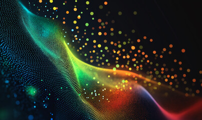 A high-resolution digital binary code background with pixelated, vibrant patterns in green, blue, orange, yellow, and red on a dark backdrop. This elegant vector artwork is perfect for graphic design 