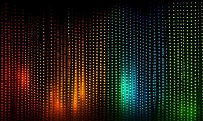 A digital binary code background featuring pixelated patterns in green, blue, orange, yellow, and red on a dark backdrop. High-resolution vector artwork with vibrant colors, detailed textures, and an 