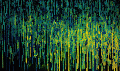 A pixel art background with digital data rain flowing from top to bottom on a black canvas. Vibrant green, blue, and yellow particles create a code rain effect, resembling a digital matrix grid in hig