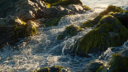 Sunlit Water Flows Over Mossy Rocks