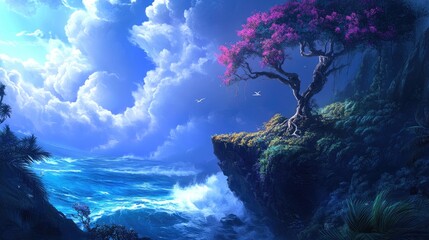 Obraz premium Serene Ocean Vista With Blooming Tree On Cliff