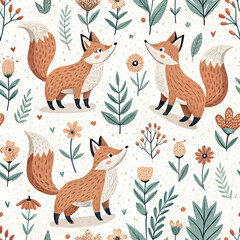 Fototapeta premium seamless pattern background with foxes, flowers and leaves