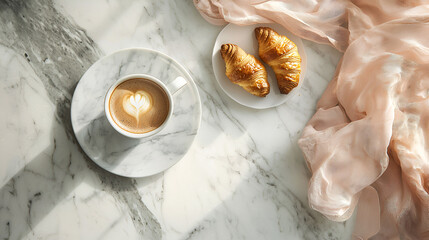 A delightful morning: coffee with latte art and flaky croissants, ready to be enjoyed.