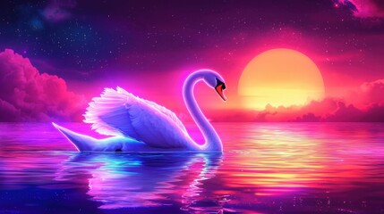 A graceful swan swims peacefully across calm waters as a stunning sunset fills the sky with bright colors. The scene radiates tranquility and beauty, creating a magical atmosphere