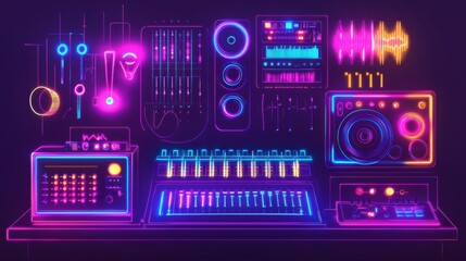 Obraz premium A vibrant digital music studio is illuminated with neon lights, showcasing advanced audio equipment. Various mixers, synthesizers, and sound panels are arranged for sound creation and recording