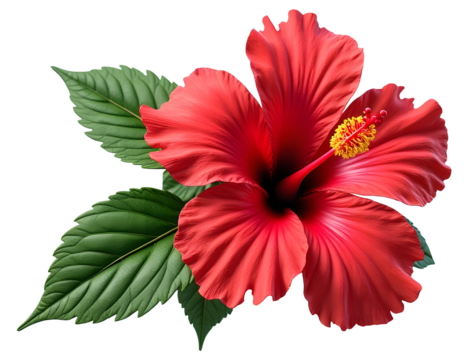 red hibiscus flower and leaf isolated on transparent background
