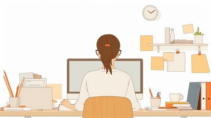 corporate cartoon of female using computer to research writing ideas