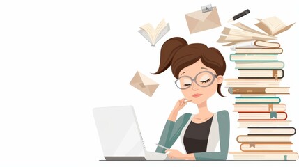 corporate cartoon of female using computer to research writing ideas