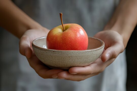 A detailed view of a java apple in a ceramic bowl held in one hand with a blurred background
