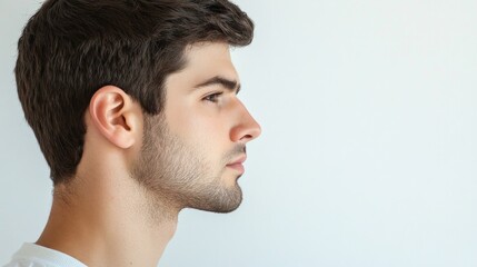 Profile portrait of young man with short hair and beard against white background