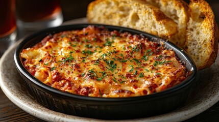 Savory baked pasta topped with melted cheese and sprinkled with herbs is served alongside slices of toasted bread. Perfect for a satisfying dinner experience