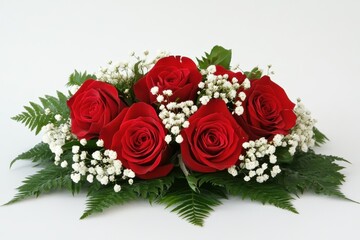 A red rose bouquet adorned with white baby s breath and thuja leaves