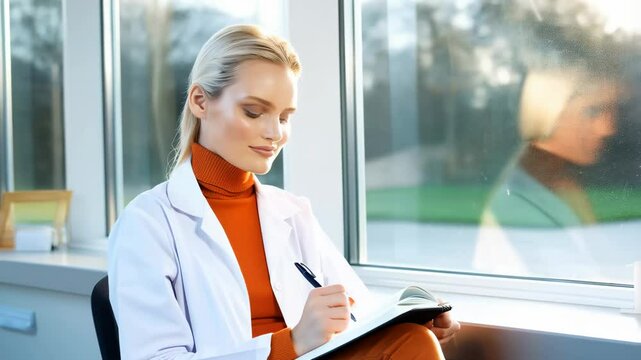 A woman in a lab coat sits by a window thoughtfully writing in a notebook