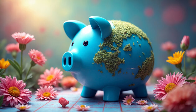 Blue piggy bank with green map, pink flowers. Ecology, saving money concept. Spring sales. Background for banner, poster, flyer, for design, finance, card.
