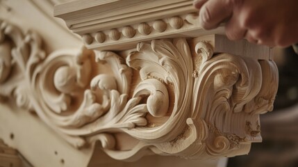 An up-close perspective of a carpenter crafting intricate woodwork details for a historic building restoration, Woodwork restoration scene, Artisanal and detailed style