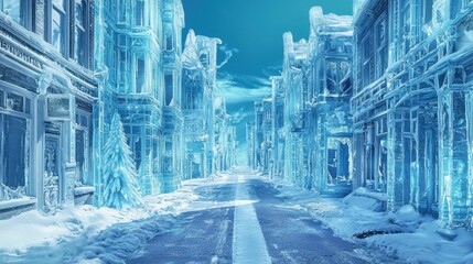 An ethereal winter cityscape showcases streets lined with shimmering, ice-covered buildings under a clear blue sky. The scene evokes a quiet, magical stillness amidst the cold
