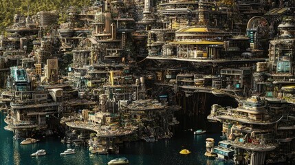 A sprawling futuristic city built on water