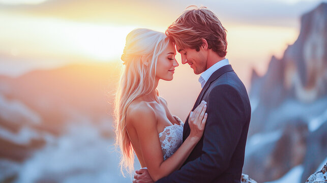 Romantic sunset embrace between a couple on a rocky beach in a scenic coastal location