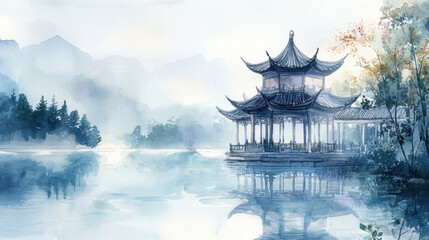 Fototapeta premium A serene pavilion stands majestically by a lake, its reflection mirrored in the still water. Mist envelops the surrounding mountains as dawn breaks, creating a peaceful atmosphere