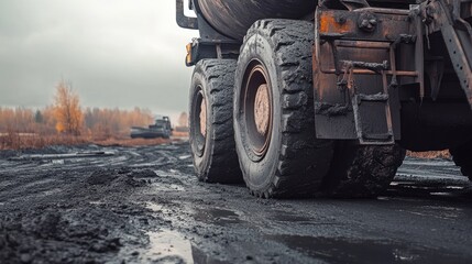 Mud covered truck wheels on a dirt road
