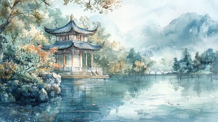 Fototapeta premium A traditional pavilion rests beside a calm lake, reflecting the soft morning light. The surrounding mountains and trees showcase vibrant autumn colors, creating a peaceful setting
