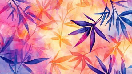 Fototapeta premium This artwork features a vibrant blend of colors, showcasing bamboo leaves in shades of purple against a soft background of pink and orange tones, creating a serene atmosphere