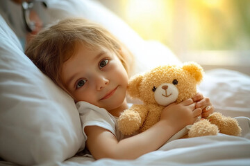 young child lying in bed, holding teddy bear, with warm smile. soft lighting creates cozy atmosphere, evoking feelings of comfort and innocence