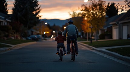 A man and a child are biking together down a calm suburban street during dusk. Street lights illuminate the surroundings as colorful trees add warmth to the twilight