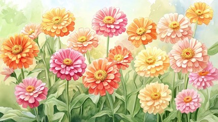 A Watercolor Painting of Vibrant Zinnias in Bloom