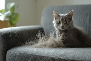 Obraz na płótnie Canvas Adorable feline with fur on indoor gray couch