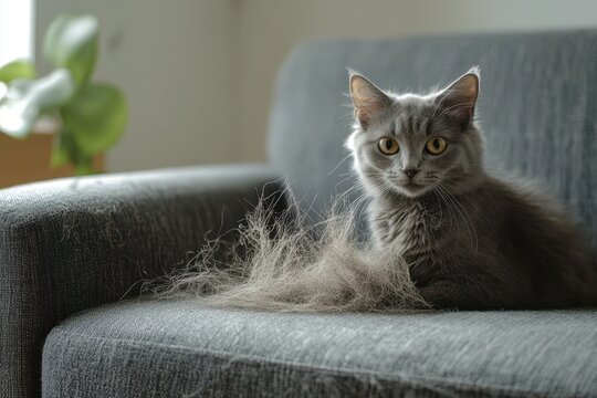 Adorable feline with fur on indoor gray couch