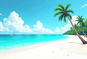 Naklejka premium Tropical white sand beach with palm trees and turquoise sea. Vacation and travel concept. Calm seascape. Summer background. Place for text.